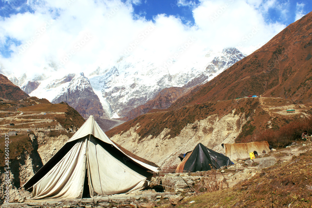a tent in the trek of kedarnatha temple, uttarakhand, india. this is in the lower himalayan range.