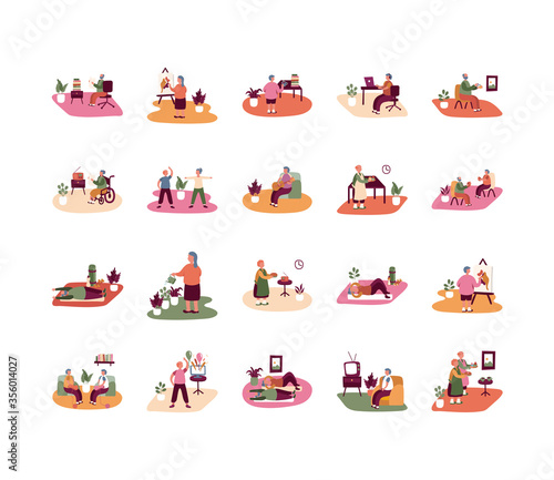 eldery people practicing activities in home scenes