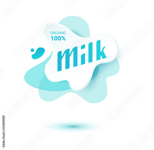 Milk badge and dairy labels with splashes and bolts. Milk badge with drop and splash for labels of package. Liquid amoeba shapes.