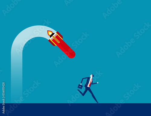 Businessman runs away under broken rocket. Fail startup concept