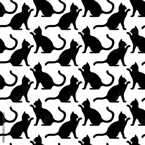 Seamless pattern with cute kittens. Creative childish texture. Vector black and white Illustration.