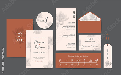 Set of Wedding Card template Background. For Invitation, menu, Thank you, Decoration with leaf & floral flower watercolor style. Timeline with icon thin style. Vector illustration. Brown Color
