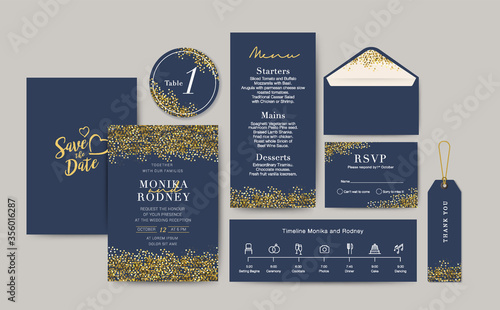Set of Wedding Card template Background. For Invitation, menu, rsvn, thank you, Decoration with star bokeh blue background watercolor style. Timeline with icon thin style. Vector illustration.