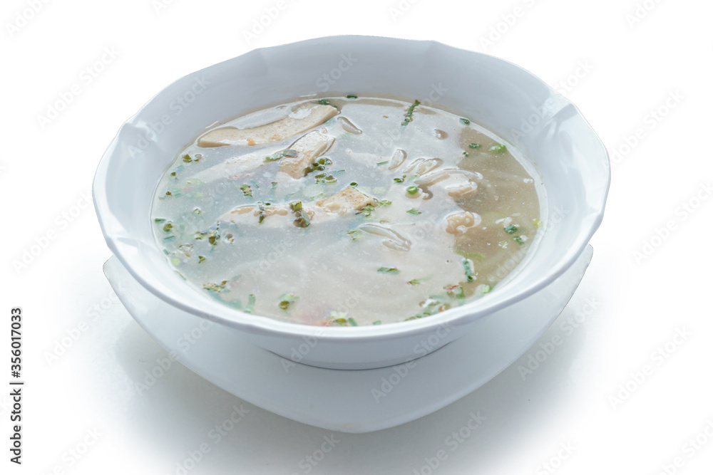 traditional vietnamese noodle soup with pork in a bowl, close up view.vietnamese food for healthy food concept. Vietnamese food in Thailand isolated on white background. With clipping path. traditional vietnamese noodle soup with pork in a bowl, close up view.vietnamese food for healthy food concept. Vietnamese food in Thailand isolated on white background. With clipping path.