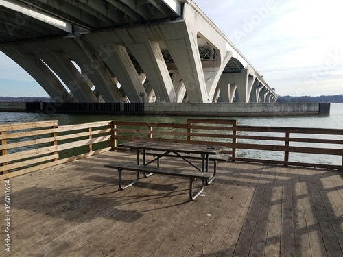 wood table and pier with Wilson bridge and Potomac river
