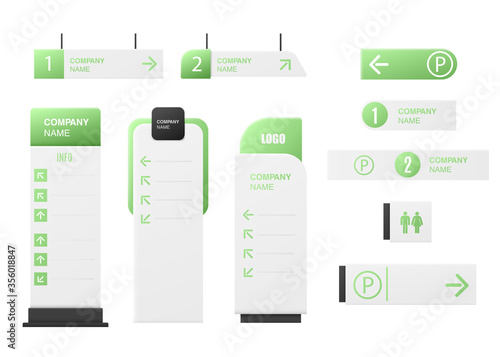 Green company signage mockup set. Realistic display stand collection photo