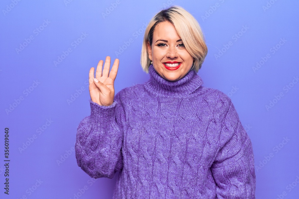 Beautiful blonde plus size woman wearing casual turtleneck sweater over purple background showing and pointing up with fingers number four while smiling confident and happy. Beautiful blonde plus size woman wearing casual turtleneck sweater over purple background showing and pointing up with fingers number four while smiling confident and happy.