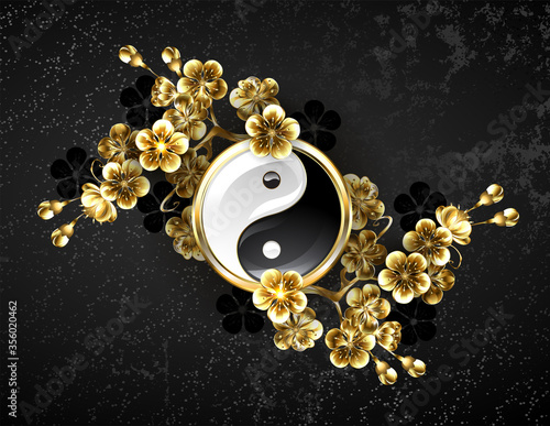 Yin yang symbol with golden sakura