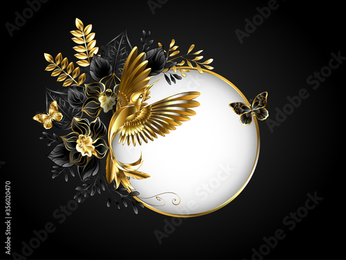 Round banner with golden hummingbird