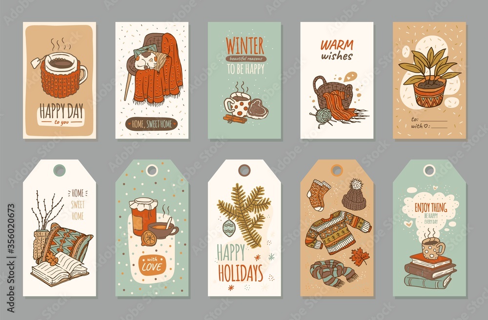 Hygge winter holidays label tag and cozy greeting card set