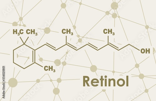 Vitamin A retinol molecule. Skeletal formula. Connected lines with dots background.