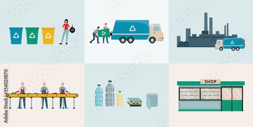 Waste recycling process or garbage processing set, flat vector illustration.