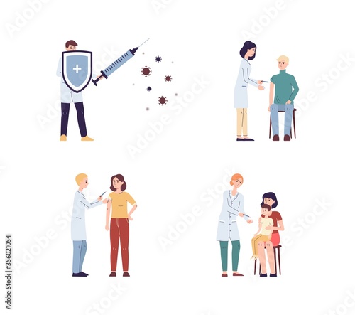 Viral vaccination and health set with people flat vector illustration isolated.