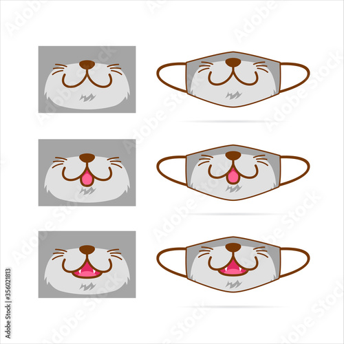 Face mask design set with cute gray cat dog wolf pet animal mouth face graphic illustration