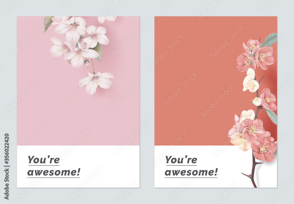 Minimalist botanical greeting card template design, Somei Yoshino sakura and Japanese quince flowers