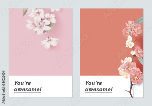 Minimalist botanical greeting card template design, Somei Yoshino sakura and Japanese quince flowers