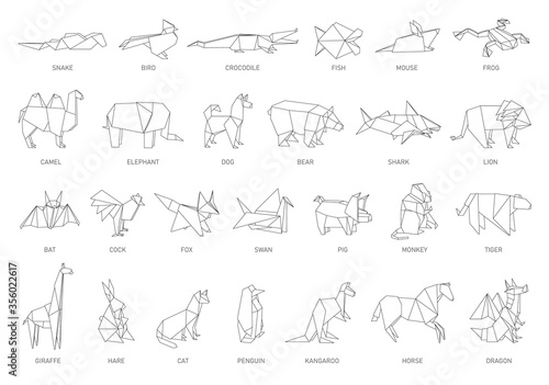 Origami animal set - folded paper art from Japan, isolated geometric shapes of birds and jungle creatures