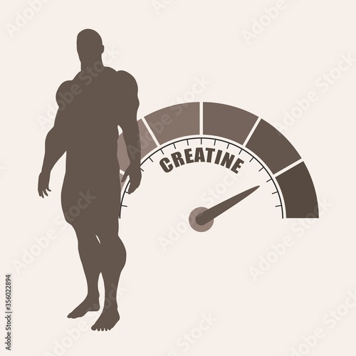 Gradient scale. Creatine level measuring device icon. Sign tachometer, speedometer, indicators. Infographic gauge element. Silhouette of muscular man