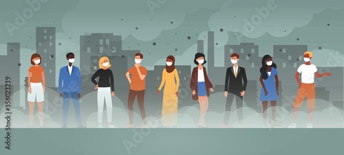 People in face masks from contaminated air and smoke flat vector illustration.