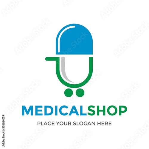 Medical shop vector logo template. This design use capsule symbol. Suitable for health business.