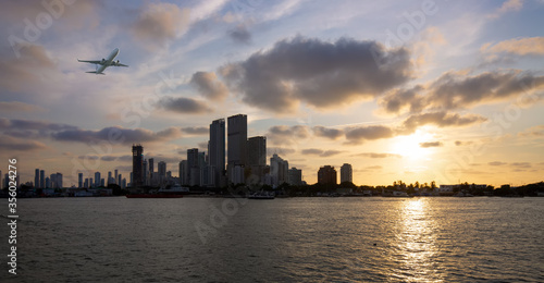 Colombia, scenic Cartagena bay (Bocagrande) and city skyline at sunset