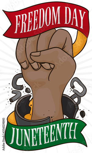 Shackled Fist Breaking Free and Ribbons during Freedom Day, Vector Illustration