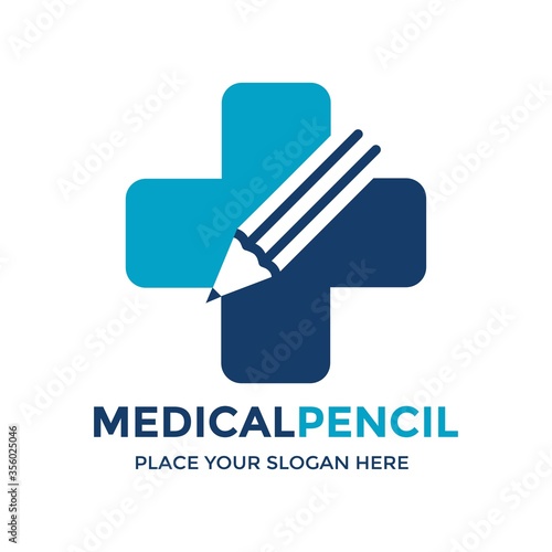 Medical learning vector logo template. This design use cross symbol and pencil. Suitable for health education.