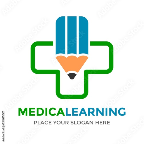 Medical learning vector logo template. This design use cross symbol and pencil. Suitable for health education.