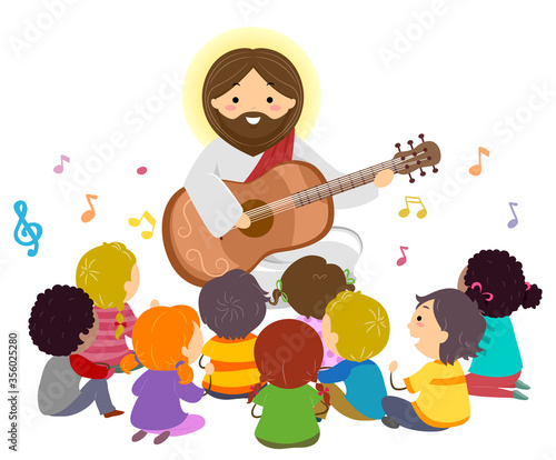 Stickman Kids Jesus Play Guitar Music Illustration
