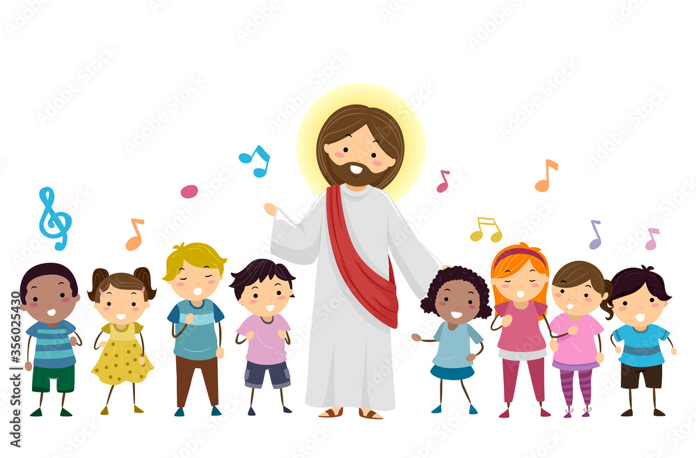 Stickman Kids Sing Jesus Music Notes Illustration Stickman Kids Sing Jesus Music Notes Illustration
