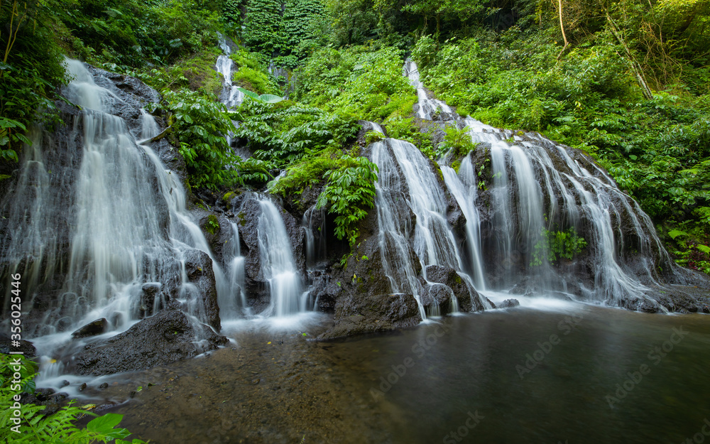 Naklejka premium Waterfall landscape. Beautiful hidden waterfall in tropical rainforest. Nature background. Slow shutter speed, motion photography. Pucak Manik waterfall, Bali, Indonesia