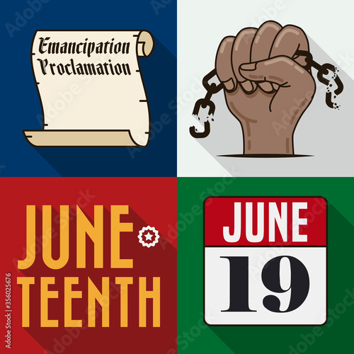 Scroll, Fist Breaking Chains and Calendar to Commemorate Juneteenth, Vector Illustration