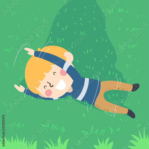 Kid Boy Rolling Grass Illustration