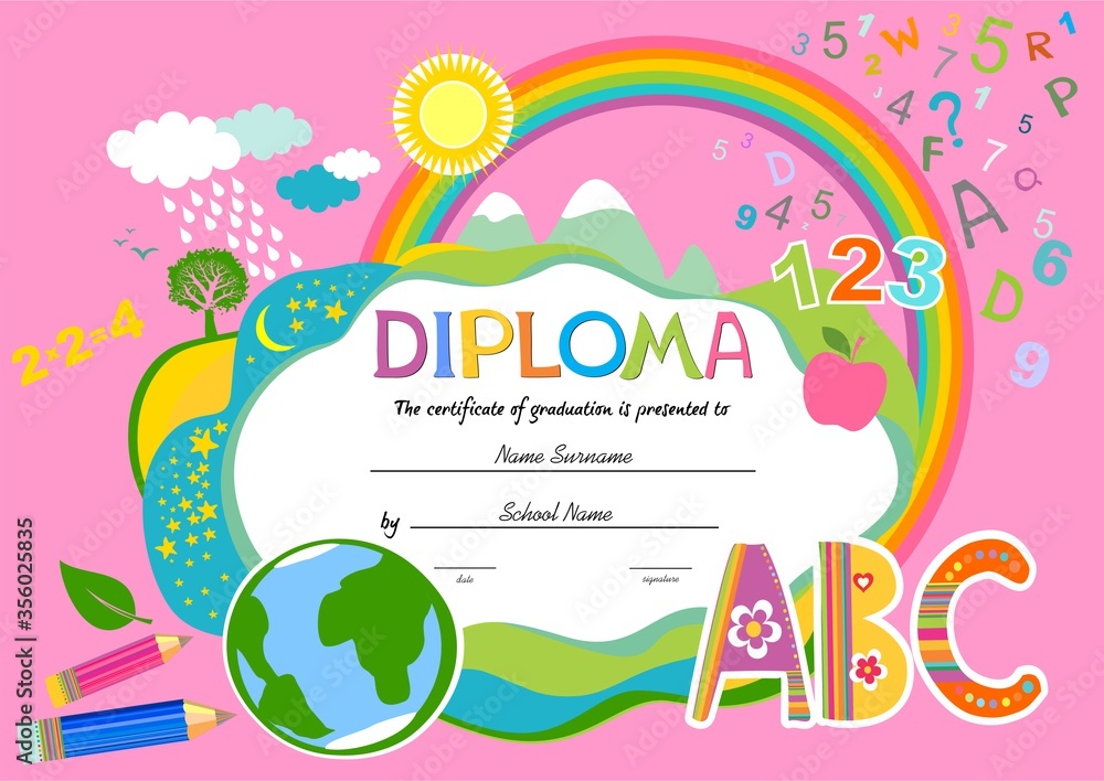 certificates kindergarten and elementary, Preschool Kids Diploma certificate background design template, Diploma template for kindergarten students, Certificate of kids diploma.  illustration
