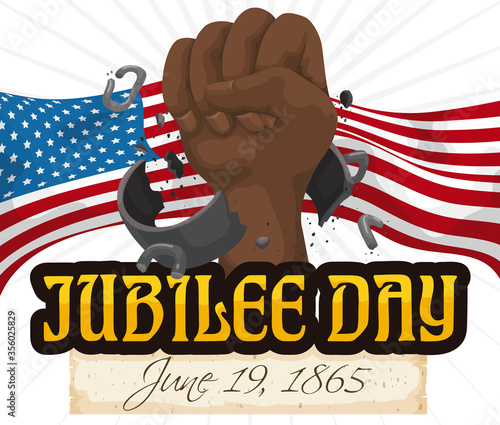 Fist over American Flag Breaking Chains to Commemorate Jubilee Day, Vector Illustration