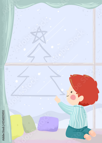 Kid Boy Draw Xmas Tree Wind...