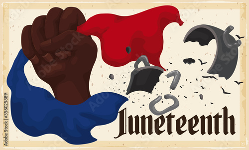 Hand Holding Fabrics and Breaking Chains for Juneteenth Commemoration, Vector Illustration