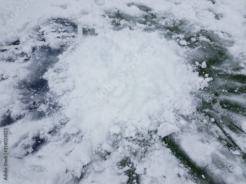 pile or mound of white snow on asphalt