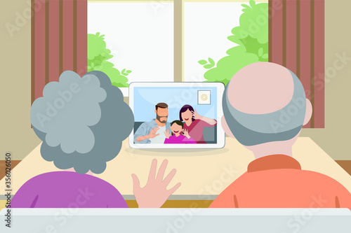 senior asian couple video chatting with son or daughter and in-law and grandchild