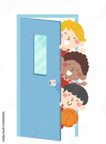 Kids Boys Basketball Team Peek Door Illustration