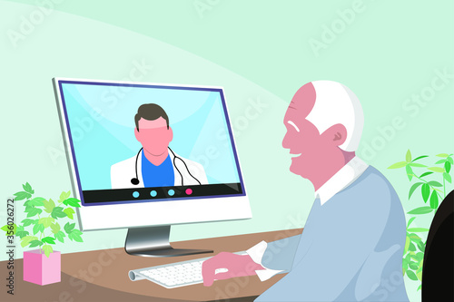 senior asian man staying at home consulting a doctor through video call photo