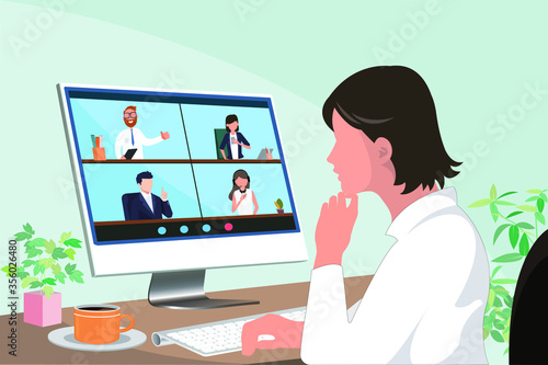 young asian woman meeting with other business people via video call using laptop computer