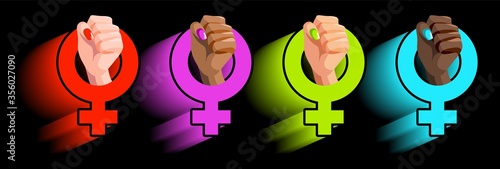 Feminism flat symbol with woman's hands of different race: african, asian with fist raised up. Female gender power. Girl power, venus sign concept in neon style. Girly simple vector stock illustration