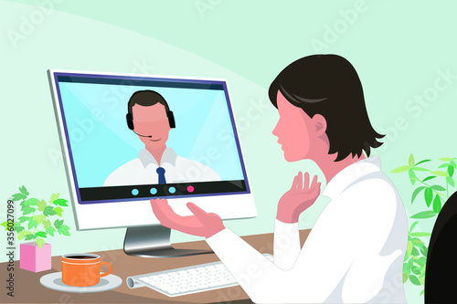 young asian woman talking to customer service representative through video conference call