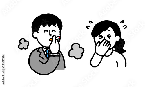 タバコを吸うスーツ男性と煙とにおいを嫌がる私服女性（シンプル）