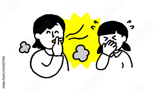 タバコを吸う女性と煙とにおいを嫌がる女の子（シンプル）