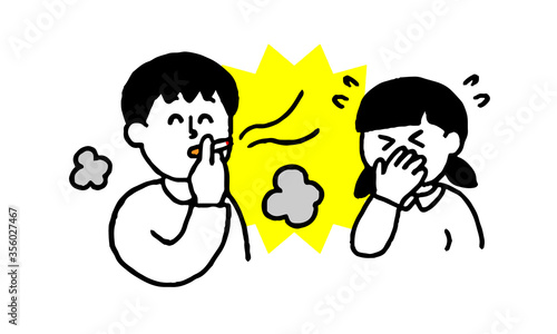 タバコを吸う男性と煙・においを嫌がる女の子（シンプル）