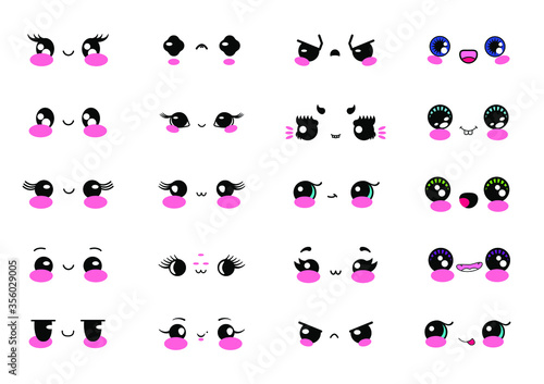 Kawaii cute faces. Manga style eyes and mouths. Funny cartoon japanese emoticon. Expression anime character and emoticon face illustration. Vector illustration, flat design, eps 10.
