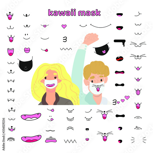 Kawaii faces as a medical mask design element. A masked guy and girl with a kawaii pattern. Vector, flat cartoon. Concept: popularity for better protection, security measures, fashion,  virus.
