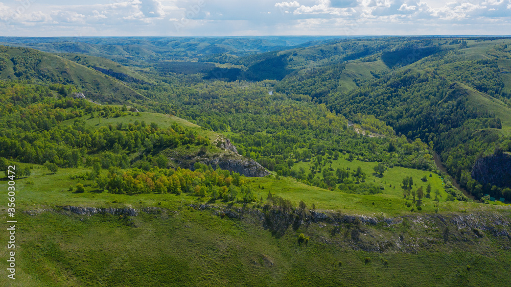South Urals. Muradymovsky gorge in the spring. Aerial view.